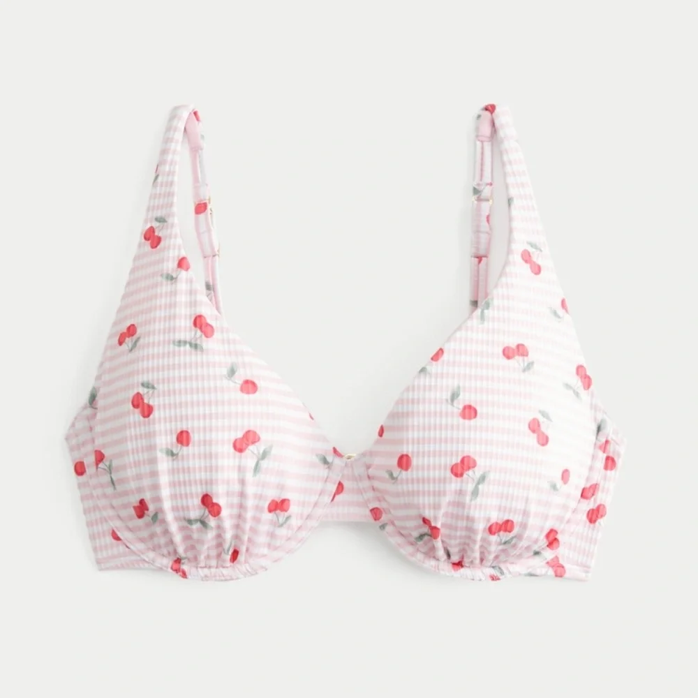 Hollister Pink White Striped Cherry Print Bikini Set